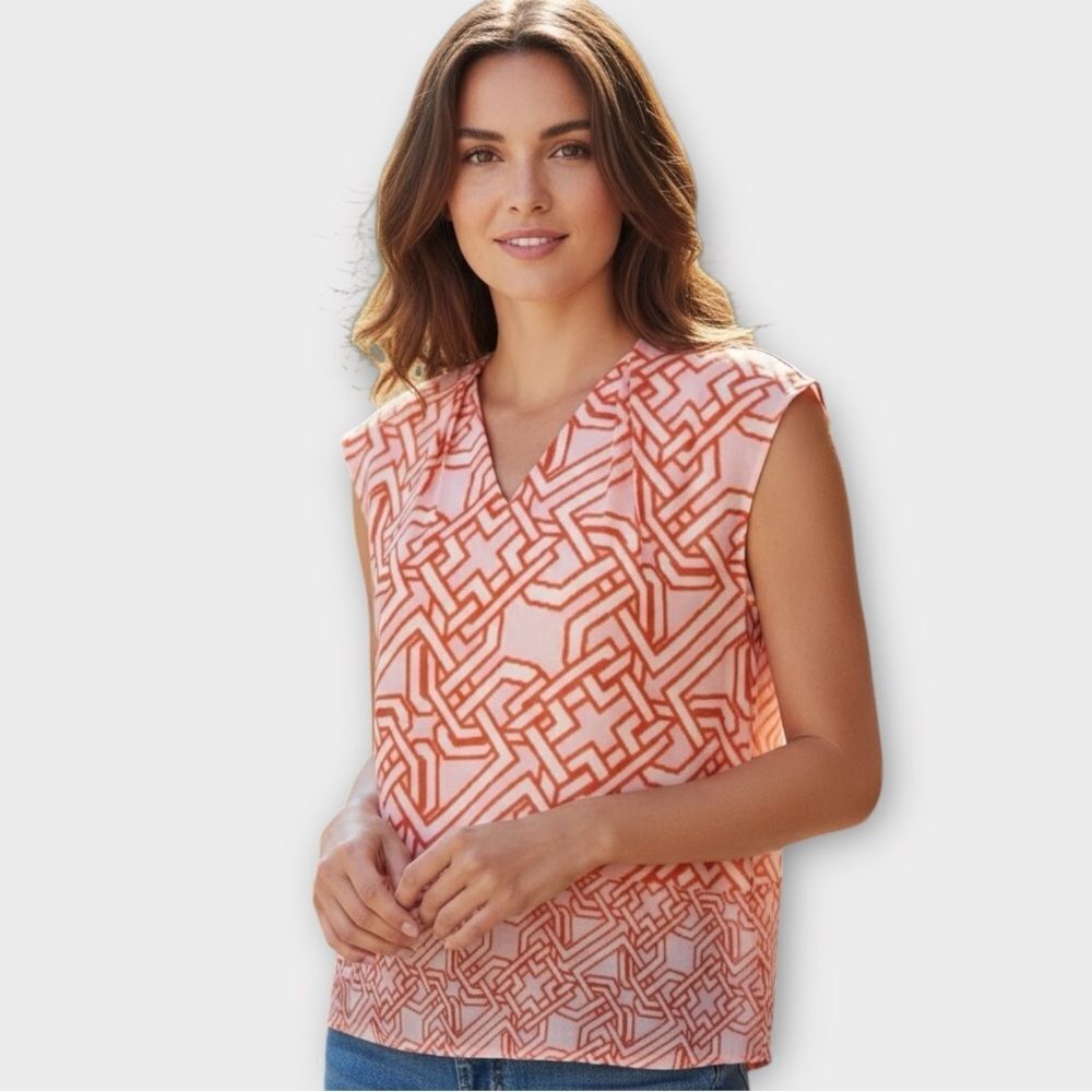 The Limited Cap Sleeve V-neck Blouse In Geometric Orange Print Women's Size XS